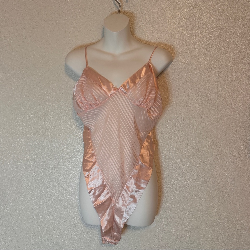 Vintage Shirley Boutique Blush Pink Satin & Sheer Lingerie Bodysuit Teddy